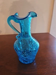 Vintage Crackle Glass Clear Blue Pitcher 5” Ruffle Spout Blown Glass Vase - Picture 1 of 6
