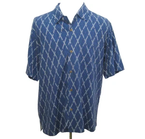 Camicia uomo vintage 100% seta grande blu manica corta bottoni davanti top tropicale - Foto 1 di 5