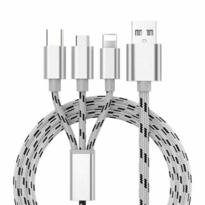 3 in 1 Fast Charging Cables Nylon Cord Cable For iPhone Type-C Android USB #p - Image 1 of 4