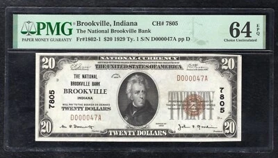 1929 $20 THE NATIONAL BROOKVILLE BANK INDIANA CH. #7805 PMG UNCIRCULATED-64EPQ - Image 1 of 2