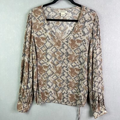 Blusa Lucky Brand Feminina Grande Marrom Estampa de Pele de Cobra Cintura Amarrada Manga Longa - Imagem 1 de 4