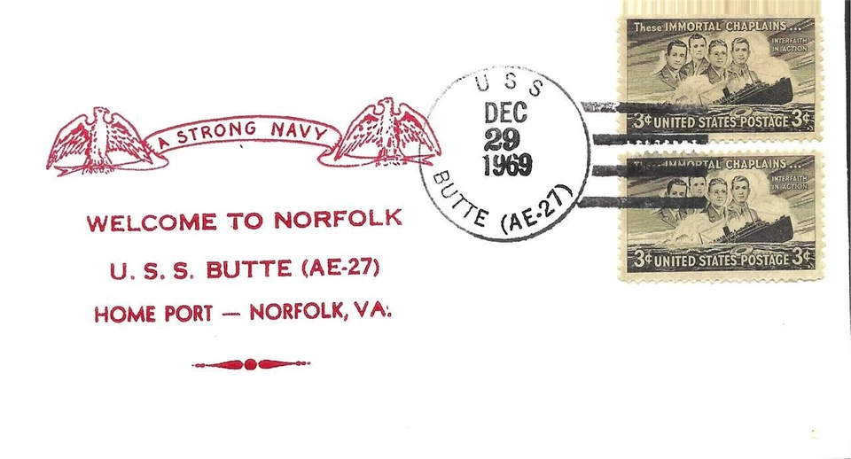 BUTTE (AE-27) 29 Dic 1969 Locy Tipo 2(n+) matasellos Bienvenido a Norfolk Foto 1 de 1