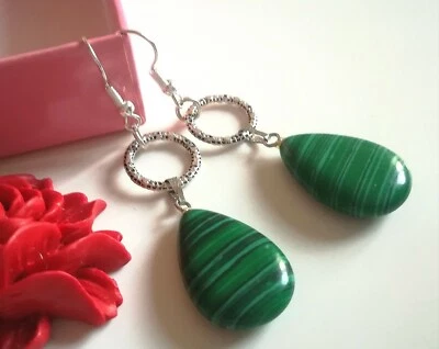 ORECCHINI GOCCIA IN MALACHITE NATURALE CON CERCHI IN ARGENTO REGALO PER DONNA - Immagine 1 di 4