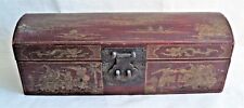 Antique CHINESE Leather & Wood SCROLL BOX Gold + Red Lacquer IRON LOCK 16x5x5.5"