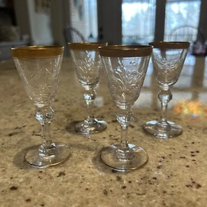 Tiffin - Franziskaner MELROSE 4 Schnaps Gläser gold verkrustet & floral geätzt - Bild 1 von 9