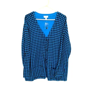Joan Rivers cardigan size XL blue black houndstooth pockets button up academia - Picture 1 of 7