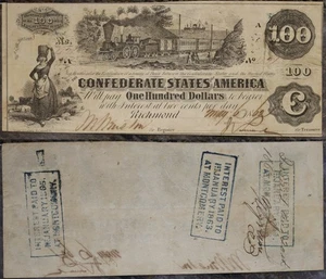 Billete Richmond de los Estados Confederados de 1862 6 de mayo - $100 SN# 1171 - Imagen 1 de 3
