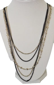 Multi-Strand, 5 Strand, Necklace, Black, Gold, Longest 23", Chain, EUC, Party - Picture 1 of 4