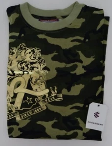 NEW MENS VINTAGE ROCAWEAR GREEN CAMOUFLAGE T-SHIRTS WITH GOLD DESIGN XL 2XL 3XL - Picture 1 of 3