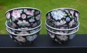 Vtg Jingdezhen Chinese 11.5cm Black Hand-Painted Coloured Floral Rice Bowls x 6 - Picture 1 of 13
