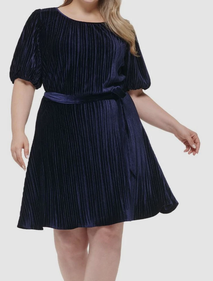 DKNY Womens Blue Tie Waist Fit & Flare Pleated Dress Plus Size 14W