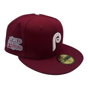 New Era 59Fifty Philadelphia Phillies 1980 World Series Hat Cap 7 3/4 Maroon Red - Picture 1 of 8