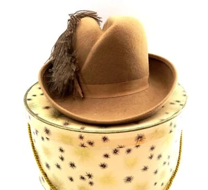 Vintage MICHELLE Doeskin Wool Felt Brown Ladies Wool Felt Fedora Hat w/ Feather - Picture 1 of 12