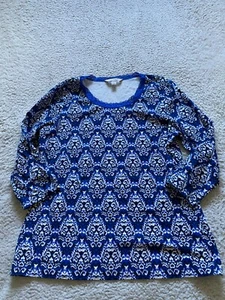 Laura Ashley Women Geometric 3/4 Sleeve Lace Crew Neck Blouse Blue Size M - Picture 1 of 9