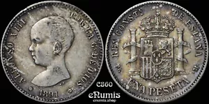 SPAIN, Alfonso XIII, 1 Peseta 1891 PG-M, toned, XF+ - Picture 1 of 7