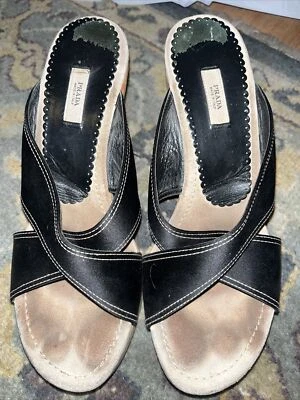 Prada Mujer Talla 37 Negro Cuero Corcho Tacón Alto Sandalias Zapatos Foto 1 de 4