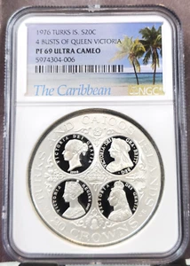 1976 TURKS SILVER 20 CROWNS 4 BUSTS QUEEN VICTORIA NGC PF 69 ULTRA CAMEO TOP POP - Picture 1 of 3