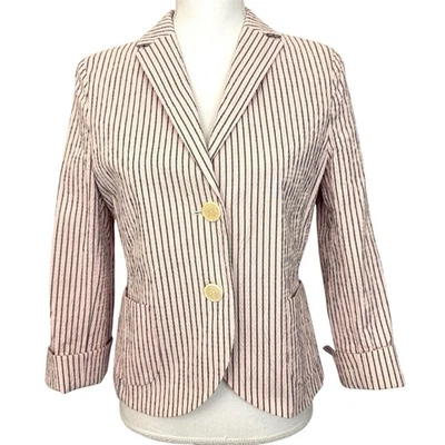 Blazer Akris Punto tamanho 6 listrado rosa texturizado mistura de lã 2 botões manga 3/4 - Imagem 1 de 4
