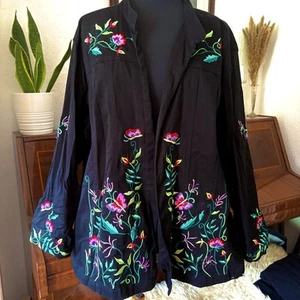 Quacker Factory Women's 3XL Jacket Embroidered Black Stretch Cotton Plus Size - Picture 1 of 11