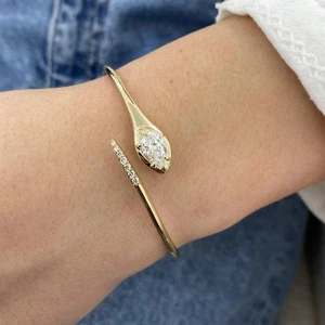 Diamond Bangle Cuff Style Bracelet 1.25 Ct Pear & Round Labcreated 14K Gold - Picture 1 of 5