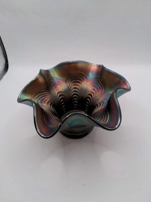 Fenton Peacock Tail Violet Amethyst Purple Carnival Glass Ruffled Bowl 6x3" - Image 1 of 4
