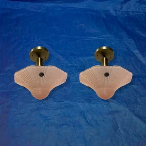PAIR Semi Flush Mount Fixtures Three Chain Shades Salmon Vintage Great 70G - Picture 1 of 5