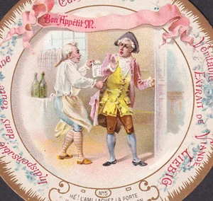 Liebig 1896 Historia de tabernero y cliente Plato troquelado Victoriano Tarjeta comercial vino - Imagen 1 de 4