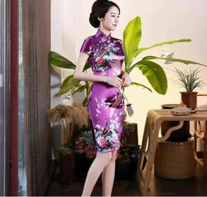 New Luxurious Purple Satin Phoenix Chinese Short Dress Cheongsam Qipao dress - Picture 1 of 2