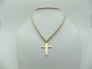 Vintage 14K massives Gelbgold Kreuz Anhänger mit Seilkette Halskette Circa 1960er Jahre - Bild 1 von 1