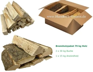 Brennholzpaket 60 kg Buche/Esche 25 cm + 1 Karton Anzündholz ca. 15 kg Feuerholz - Bild 1 von 7