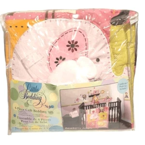 LITTLE BEDDING BY NOJO 4 PC 'RASPBERRY JUNGLE' BABY CRIB SET PINK ELEPHANT - Picture 1 of 8