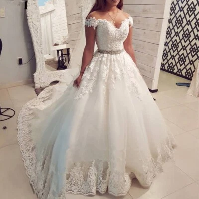 Elegant Off Shoulder Wedding Dresses V-Neck Beaded Appliques Bridal Gown Custom - Image 1 of 4