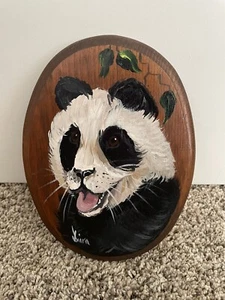 Vintage Hand-Painted Panda Art On Wood / Paintings By Diana - Picture 1 of 2