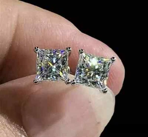 1 Ct Princess Cut Lab Created Stud Earrings 14k White Gold Over Silver Push Back - Picture 1 of 1