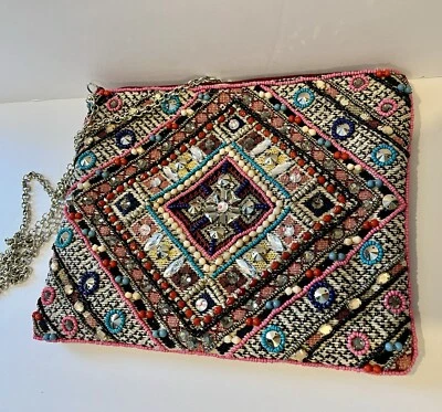 LA SERA By FRANCHI Amazing BEADED CLUTCH. Boho Bag w/50” Removable Silver Chain - Image 1 of 4