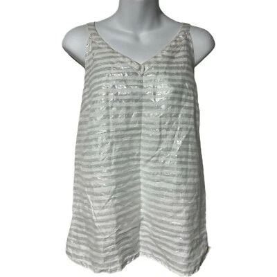 Lucy & Laurel 100% Linen White Metallic Silver Striped Tunic Tank Top L - Image 1 of 4