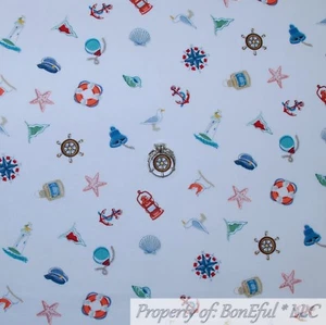 BonEful FABRIC FQ Cotton Quilt Sea Shell Ocean Nautical Anchor Bird Light House - Picture 1 of 12