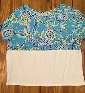 Lilly Pulitzer Shirt Gr. L Kurzarm Blau Rosa Palmen Meeresschildkröte Large - Bild 1 von 6