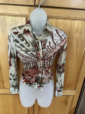 Vintage 70’s XS XXS Organically Grown Arpeja Nylon Button Down Top Subway Print - Image 1 of 4