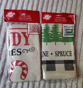 Christmas Pillow Cases Set Of 2 Candy Cane Trees Farmhouse Burlap Red Green - Picture 1 of 4