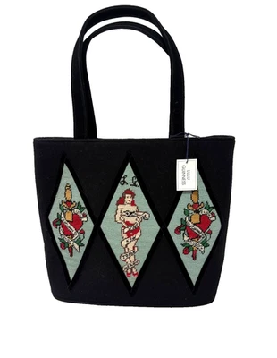 BOLSO DE MANO LULU GUINNESS, LONDRES, DIAMOND GOSIA TAPIZ LANA NEGRO, NUEVO CON ETIQUETAS Foto 1 de 4