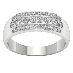 VVS F 1.00 Ct Genuine Lab Grown Diamond 14K Solid White Gold 3 Rows Wedding Ring - Picture 1 of 8