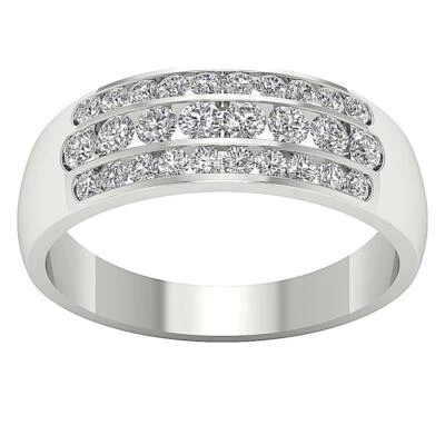 VVS F 1.00 Ct Genuine Lab Grown Diamond 14K Solid White Gold 3 Rows Wedding Ring - Image 1 of 4