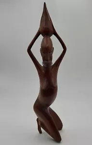 More details for vintage carved wood african tribal women figure sculpture 11in h