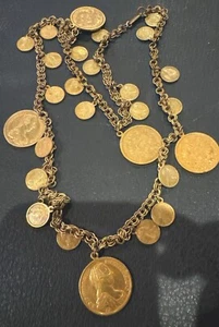 COLLAR MONEDAS LARGAS PESADAS CHAPADO EN ORO DORADO FABULOSO MIRIAM HASKELL DE COLECCIÓN - Imagen 1 de 6