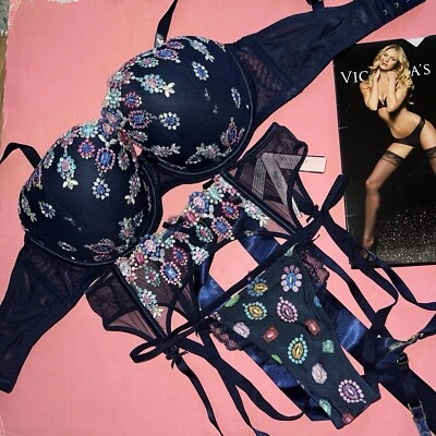 Victoria's Secret 32DDD,36D,36DDD BRA SET+garter navy BLUE bejeweled EMBROIDERED - Image 1 of 4