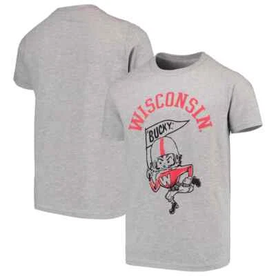 Wisconsin Badgers T 恤 Youth Heather 灰色 XL(18-20) Bucky 标志短袖 — 第 1/4 张图片
