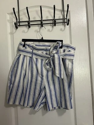 Boden St Ives Paperbag Shorts Blue White Stripe Cotton Linen - Size 12 - Image 1 of 3