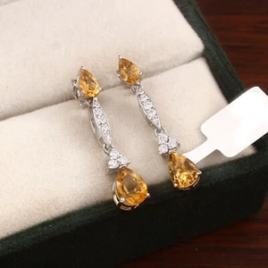 Birne Citrin und CZ Diamant Ohrhänger 925 Sterling Silber Jubiläum Geschenk - Bild 1 von 8