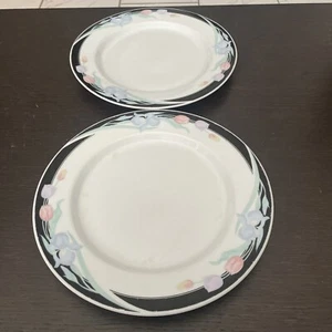 2 Caravel by Excel 10 1/2" Plates Black Trim Iris Tulips Floral Dinner Plate Set - Picture 1 of 4